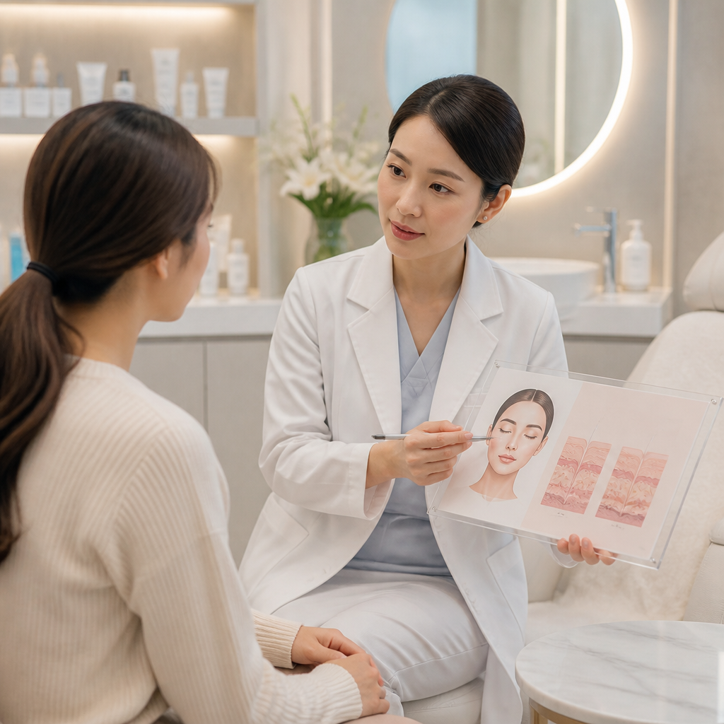 Bác sĩ da liễu đang giải thích chi tiết phác đồ điều trị cho bệnh nhân, sử dụng biểu đồ và hình ảnh để minh họa rõ ràng.