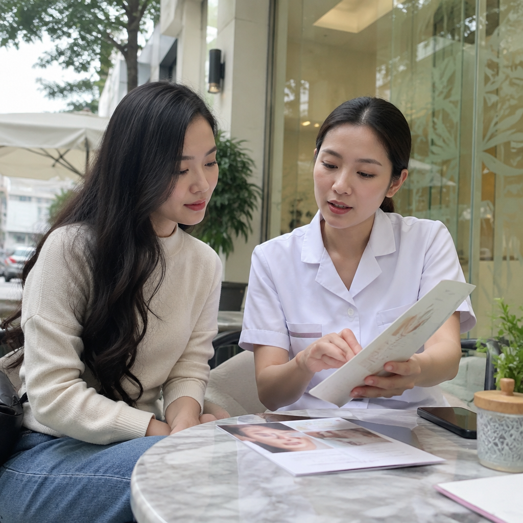 Khách hàng đang được tư vấn chi phí dịch vụ thẩm mỹ da.