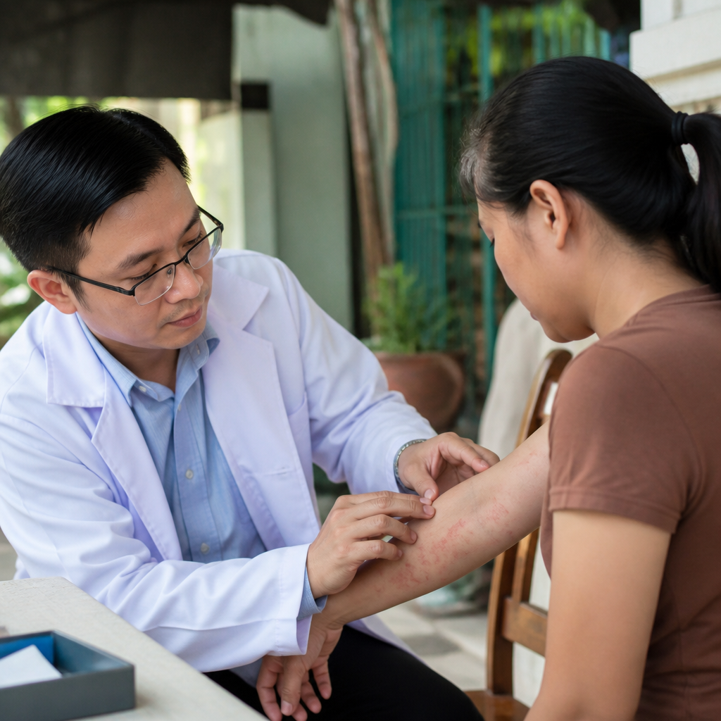 Bác sĩ da liễu đang kiểm tra tình trạng da của bệnh nhân