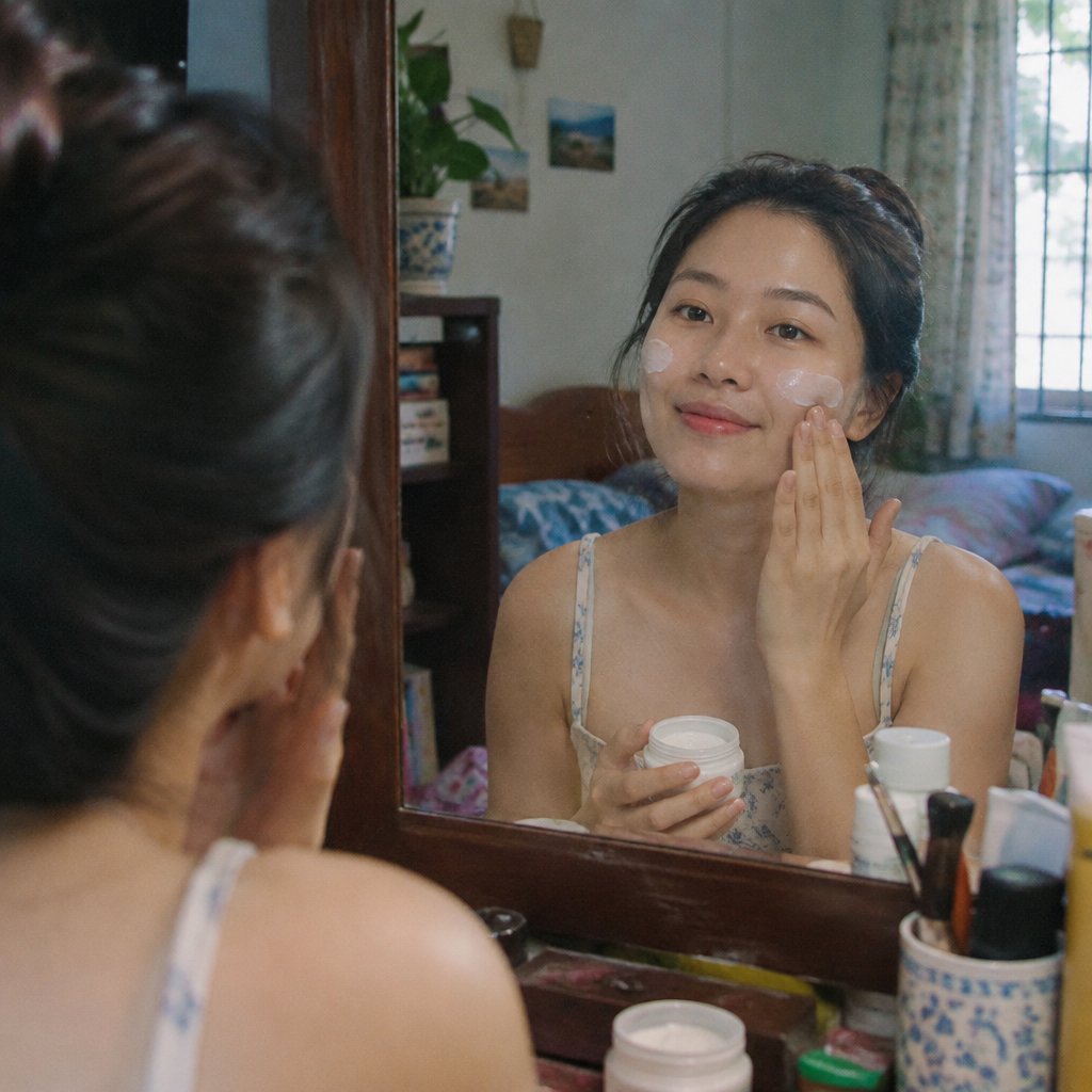Một phụ nữ trẻ đang thoa kem dưỡng lên mặt để chăm sóc da chống lão hóa sớm