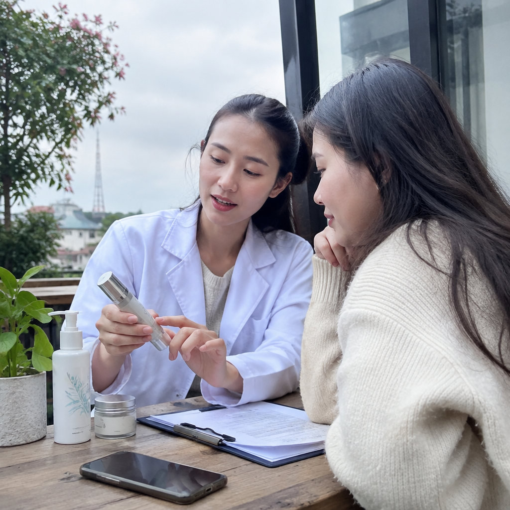 Bác sĩ da liễu đang tư vấn cho bệnh nhân về phương pháp chăm sóc da chống lão hóa sớm