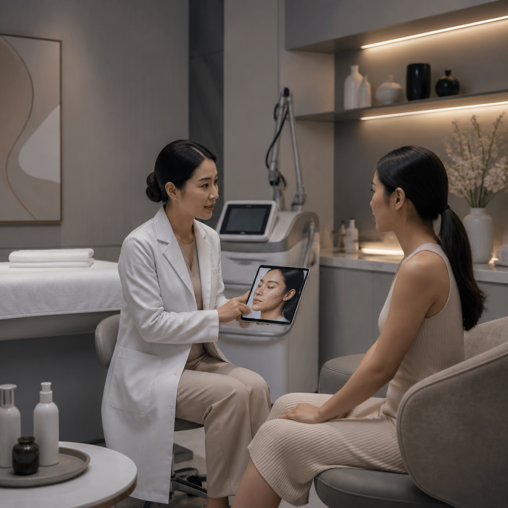 Khách hàng đang nhận tư vấn chuyên sâu từ bác sĩ da liễu về các lựa chọn điều trị laser phù hợp.