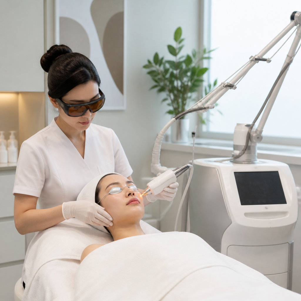 Khách hàng đang được thực hiện liệu trình điều trị da bằng laser tại phòng khám chuyên nghiệp.