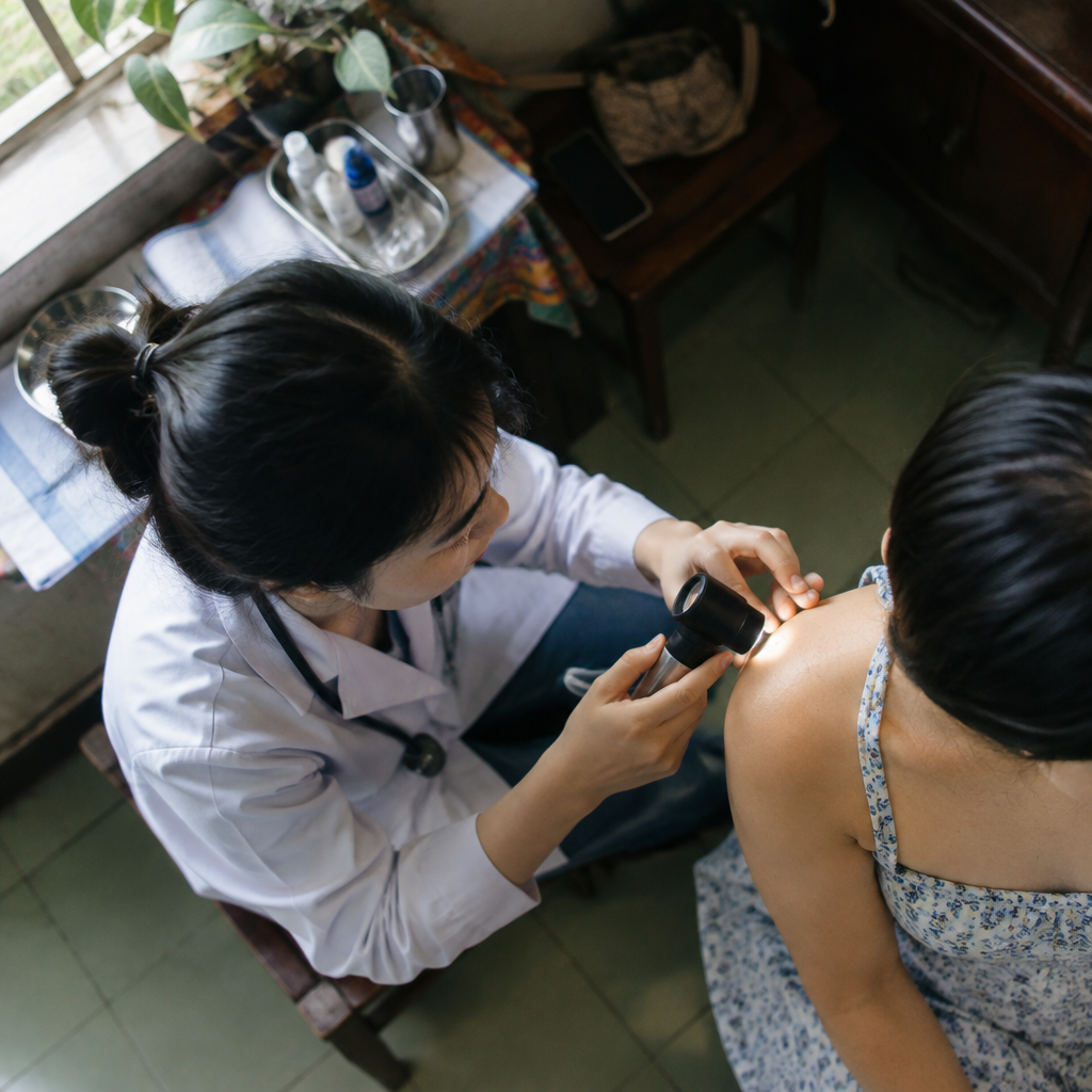 Bác sĩ da liễu đang thăm khám da cho khách hàng để đưa ra phác đồ điều trị phù hợp.