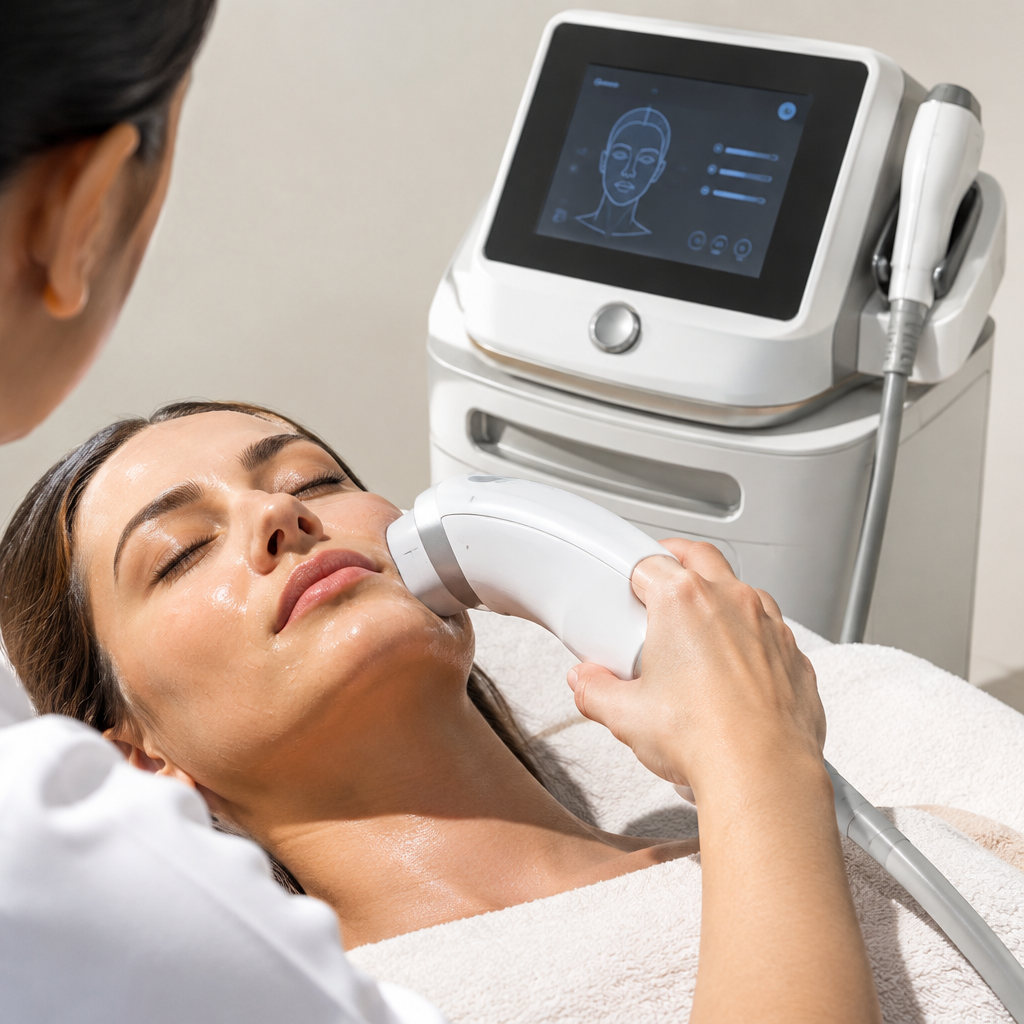 Máy móc thẩm mỹ sử dụng công nghệ điều trị da chuyên sâu như siêu âm và tần số vô tuyến