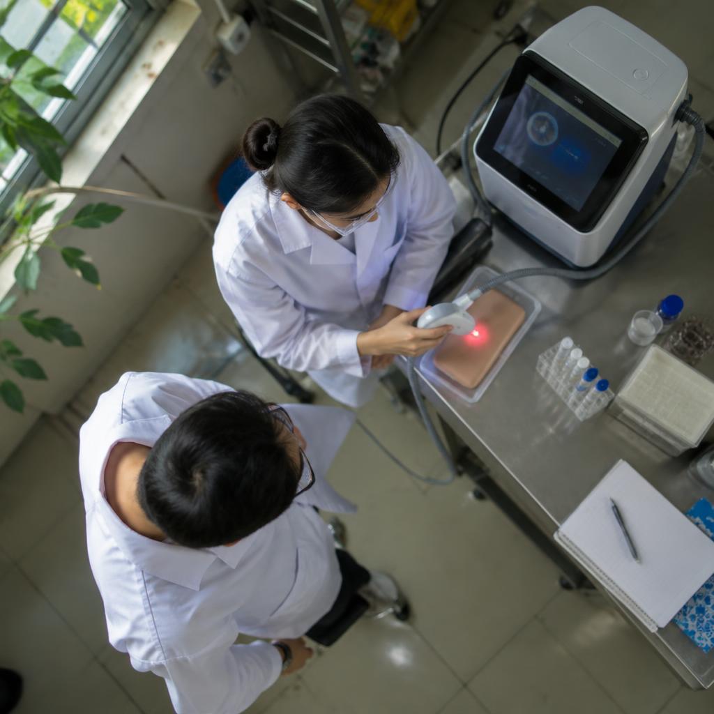 Các chuyên gia đang kiểm tra và thử nghiệm thiết bị laser thẩm mỹ trong phòng thí nghiệm
