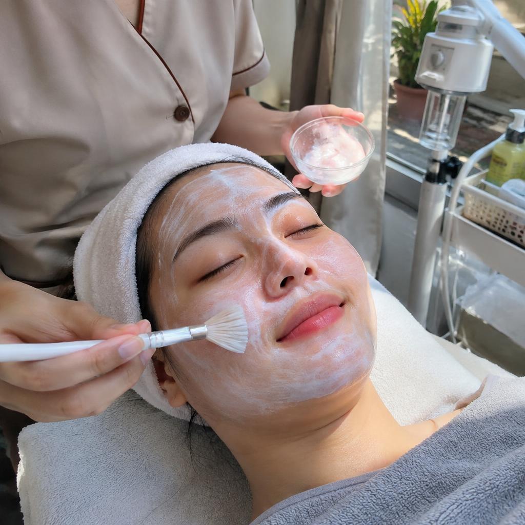 Khách hàng mỉm cười hài lòng khi đang được chăm sóc da mặt bằng thiết bị spa hiện đại