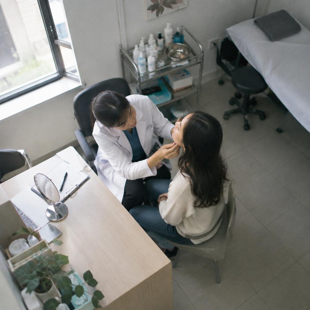 Khách hàng đang được bác sĩ da liễu tư vấn trong phòng khám hiện đại