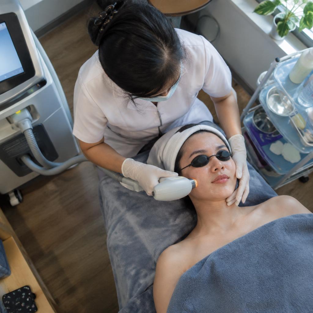 Khách hàng đang được thực hiện liệu trình laser trên da mặt bằng thiết bị hiện đại