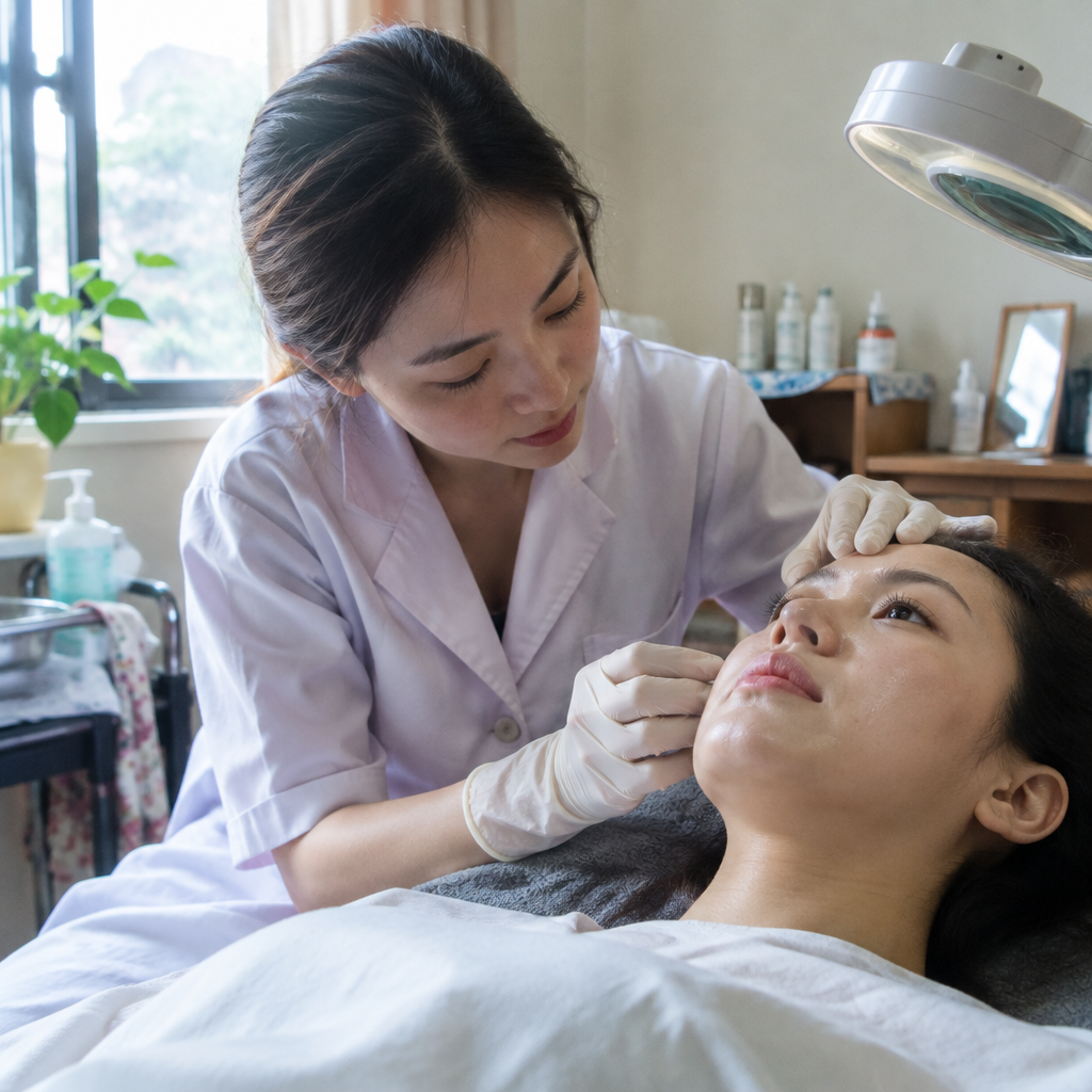 Bác sĩ da liễu đang thăm khám da cho khách hàng