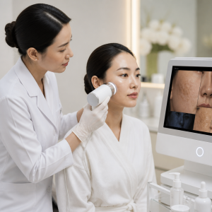 Chuyên gia da liễu sử dụng thiết bị chuyên dụng để thăm khám tình trạng nám kháng trị của khách hàng.