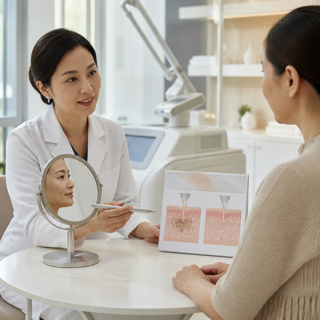 Bác sĩ da liễu đang giải thích phác đồ điều trị nám kháng trị bằng laser cho bệnh nhân.