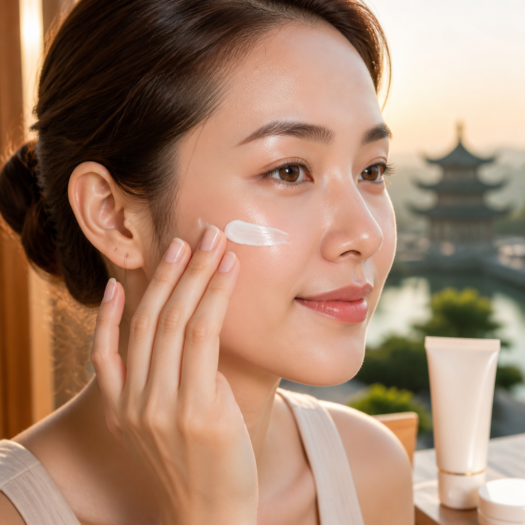 Người phụ nữ đang thoa kem chống nắng lên mặt để bảo vệ da sau điều trị nám.