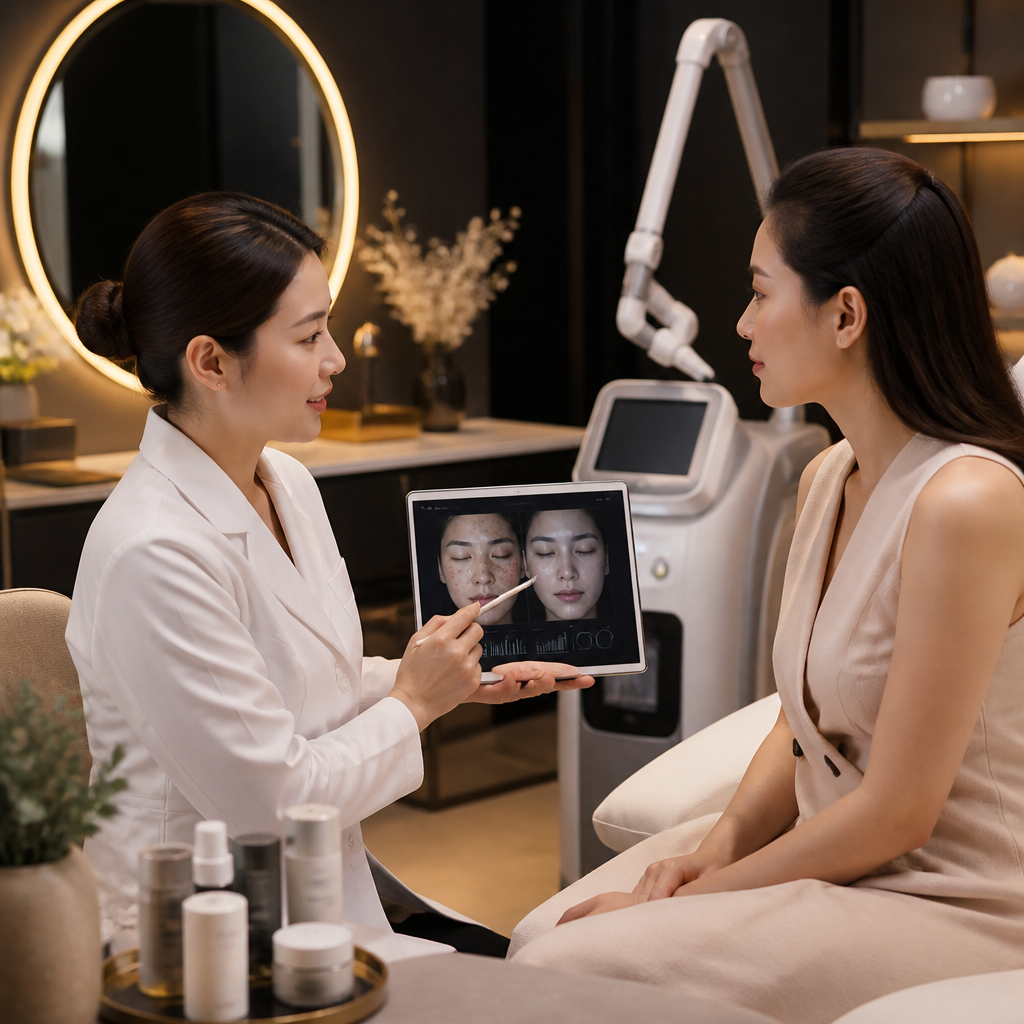 Bác sĩ đang tư vấn cho bệnh nhân về chi phí và liệu trình điều trị nám kháng trị bằng laser tại phòng khám hiện đại.