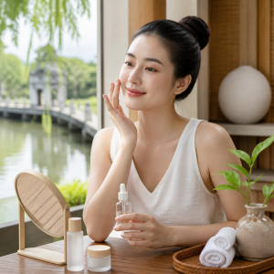 Người phụ nữ thoa serum lên da mặt trong quy trình chăm sóc da mặt cơ bản