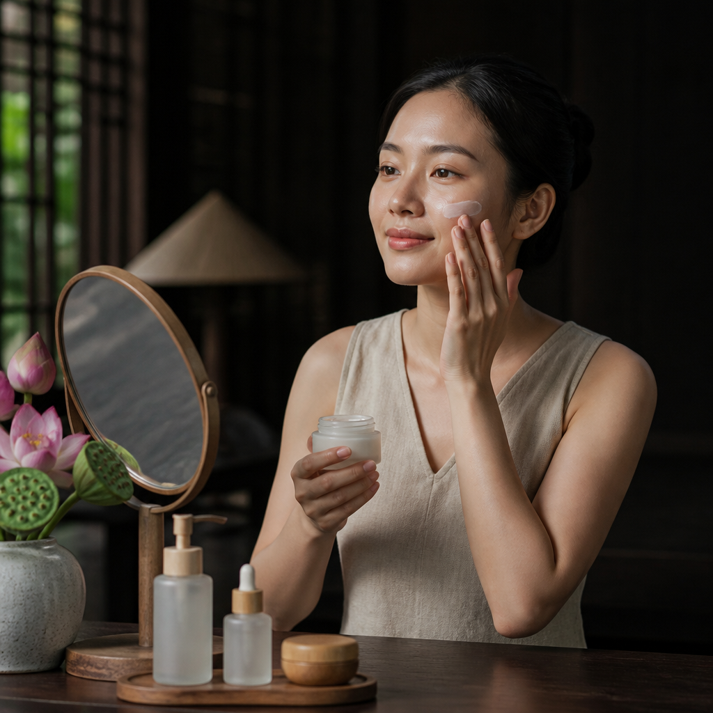 Người phụ nữ thoa kem dưỡng ẩm cho da khô sau khi thực hiện hướng dẫn chăm sóc da mặt cơ bản
