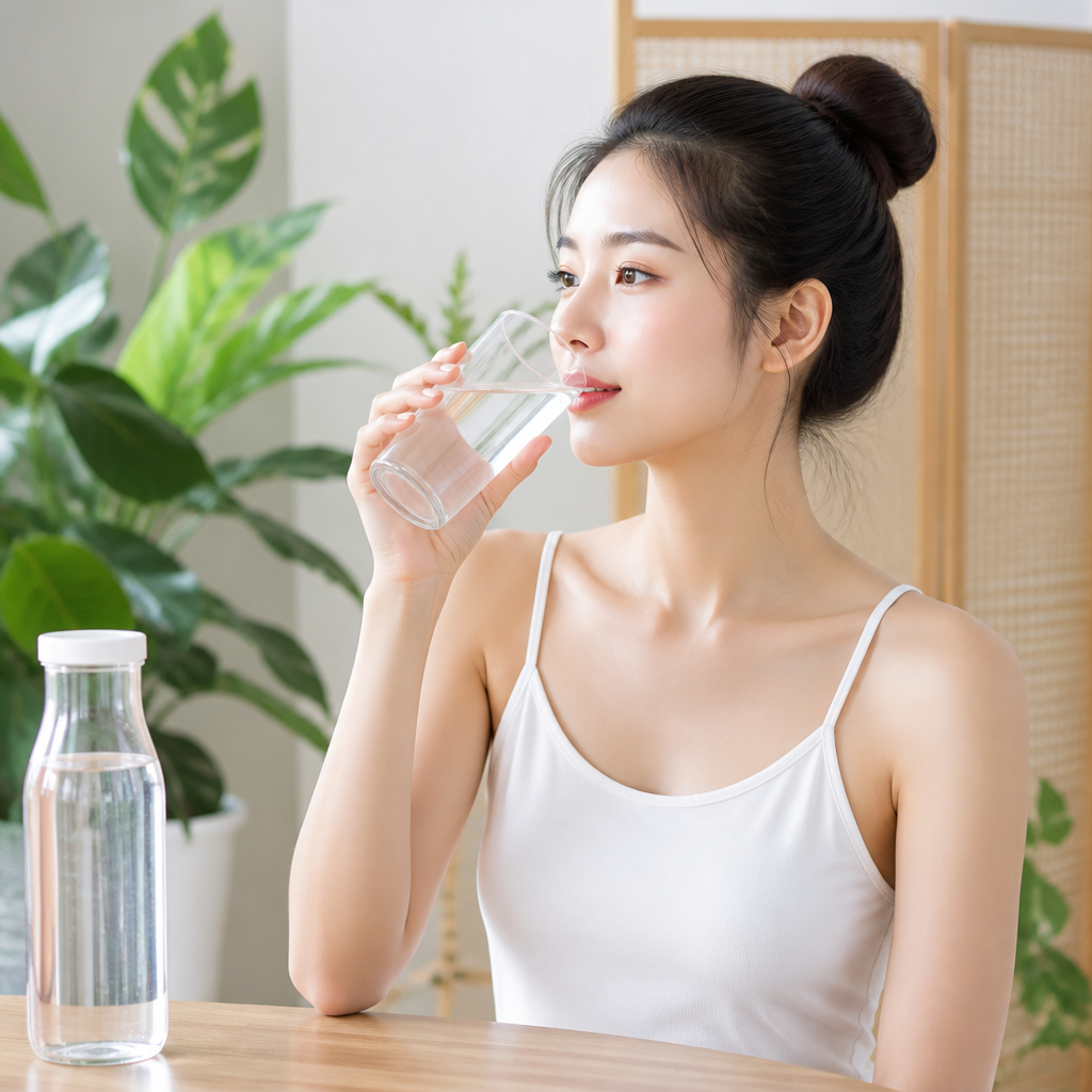 Một người phụ nữ trẻ uống nước, minh họa cho tầm quan trọng của việc cấp nước cho da trong hướng dẫn chăm sóc da mặt cơ bản