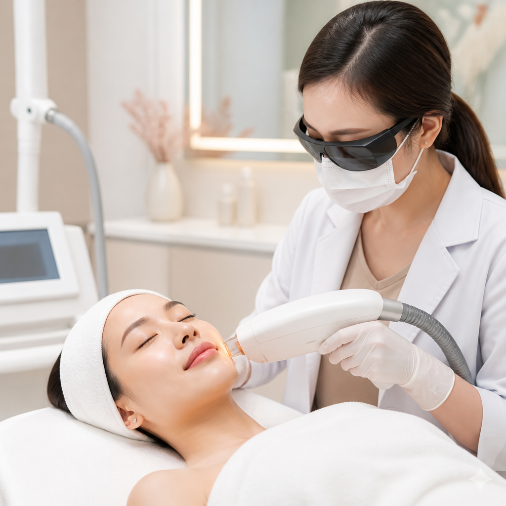 Khách hàng trải nghiệm liệu pháp thẩm mỹ da bằng laser, một trong các dịch vụ chuyên sâu tại phòng khám