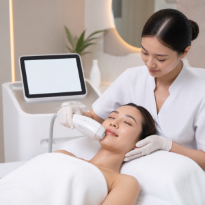 Khách hàng đang trải nghiệm liệu pháp khoa học nâng cơ xóa nếp nhăn không xâm lấn tại phòng khám da liễu.