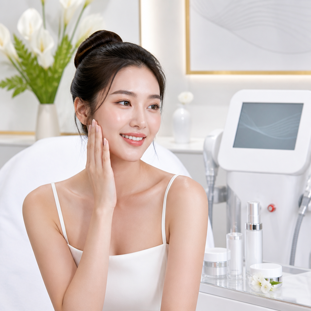 Người phụ nữ trẻ trung với làn da mịn màng sau liệu trình nâng cơ không xâm lấn.