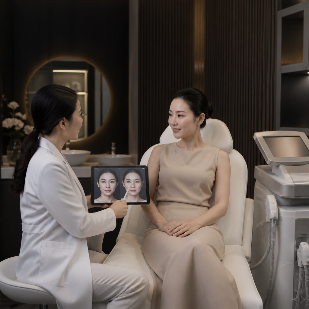 Bác sĩ da liễu đang tư vấn cho bệnh nhân về liệu trình trẻ hóa da.