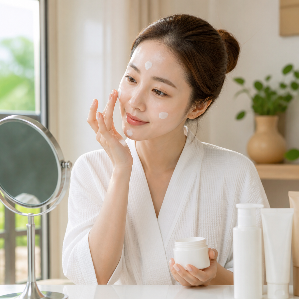 Một người phụ nữ đang thoa kem dưỡng sau liệu trình laser để phục hồi da