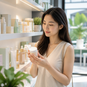 Một phụ nữ trẻ đang xem xét các sản phẩm chăm sóc da cao cấp, minh họa lầm tưởng về trẻ hóa da chỉ cần mỹ phẩm đắt tiền.