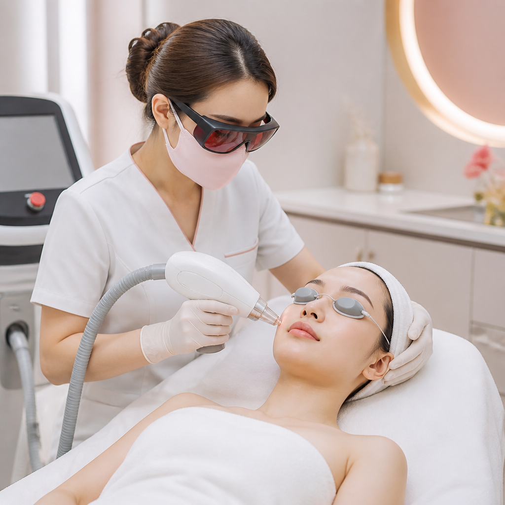 Một chuyên gia đang thực hiện liệu pháp laser trẻ hóa da trên khuôn mặt khách hàng, minh họa các phương pháp không phẫu thuật.