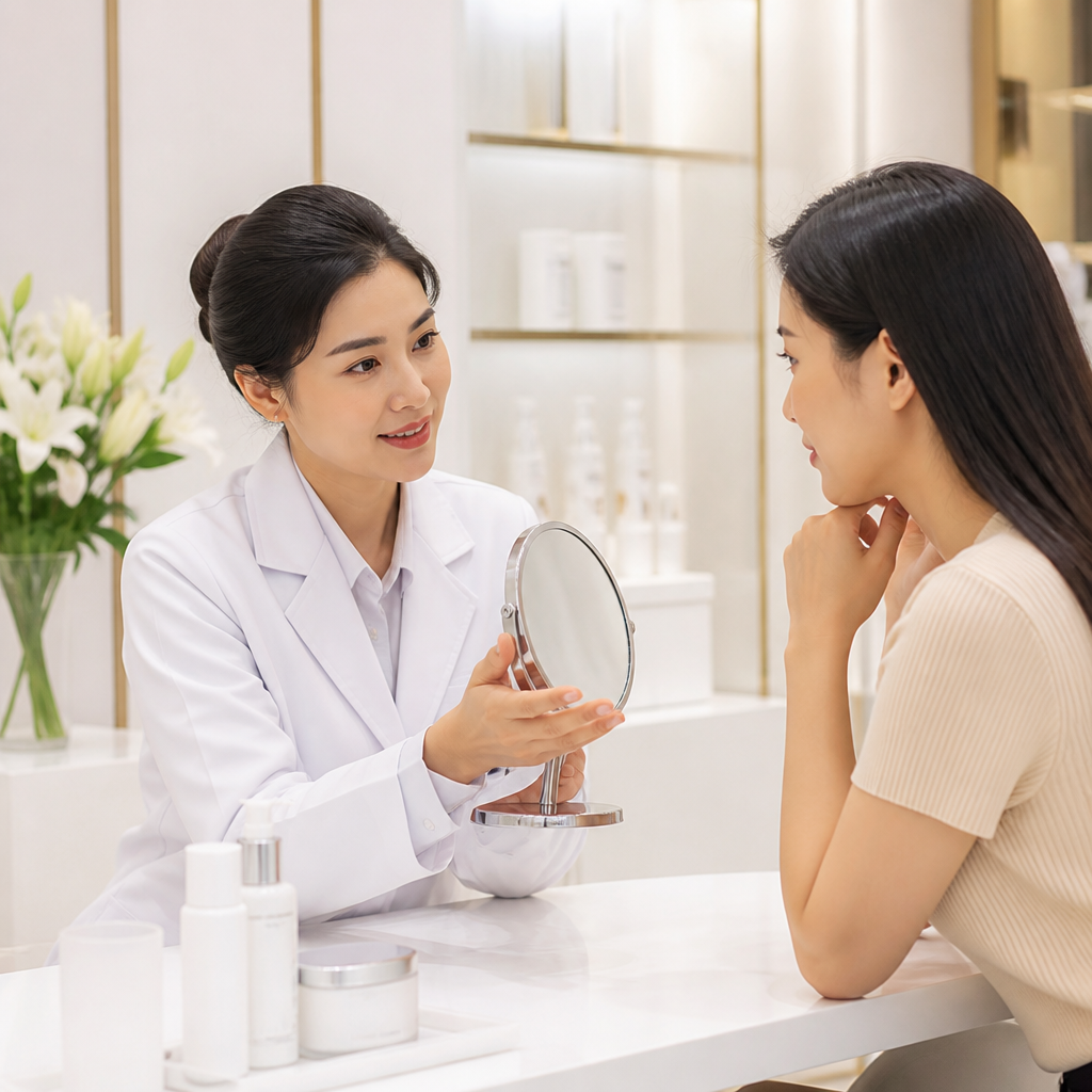 Một chuyên gia da liễu đang tư vấn cho bệnh nhân về kế hoạch chăm sóc và duy trì kết quả trẻ hóa da lâu dài.