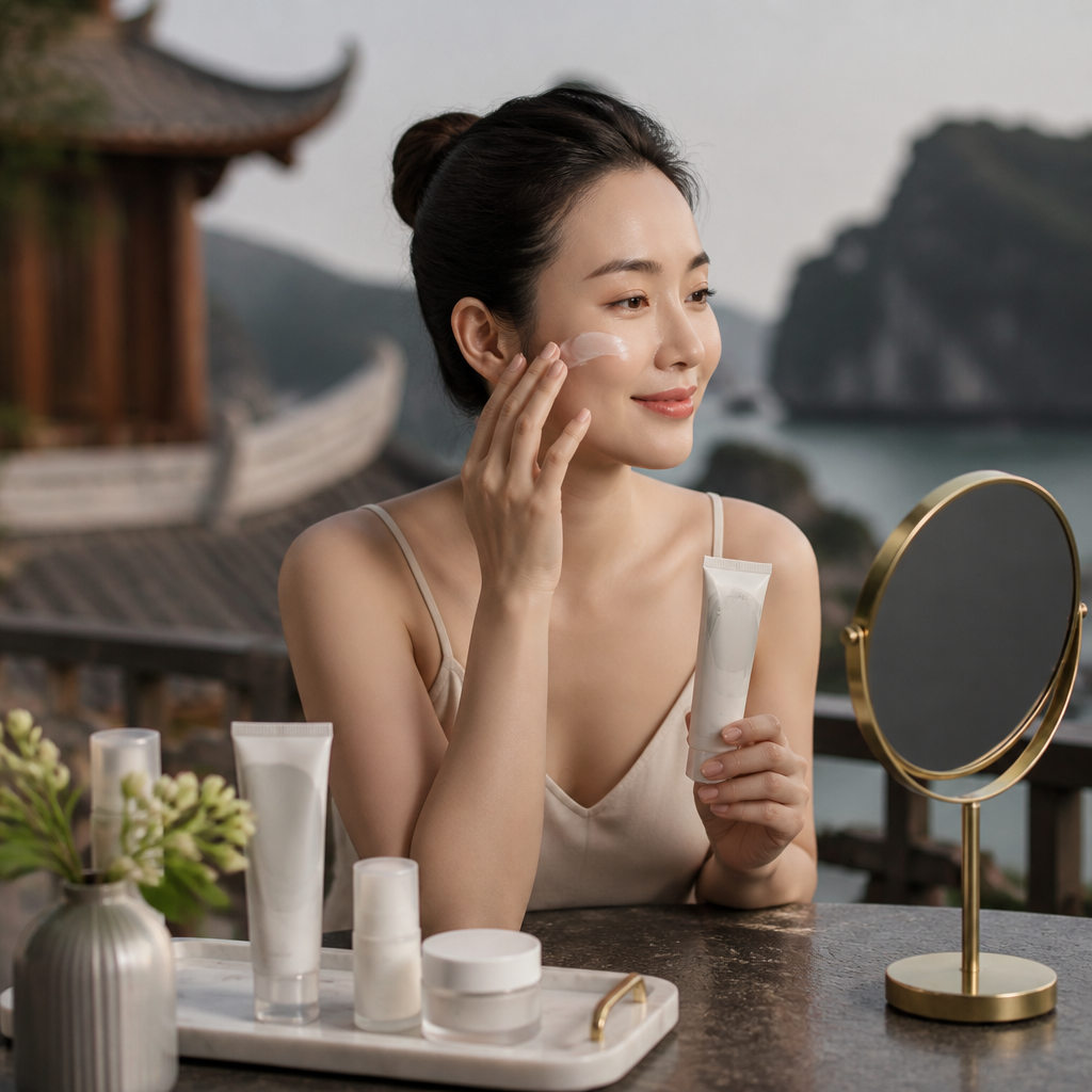 Người phụ nữ đang thoa kem chống nắng lên mặt một cách nhẹ nhàng