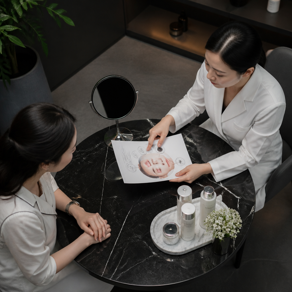 Chuyên gia da liễu đang tư vấn cho khách hàng về kế hoạch chăm sóc da