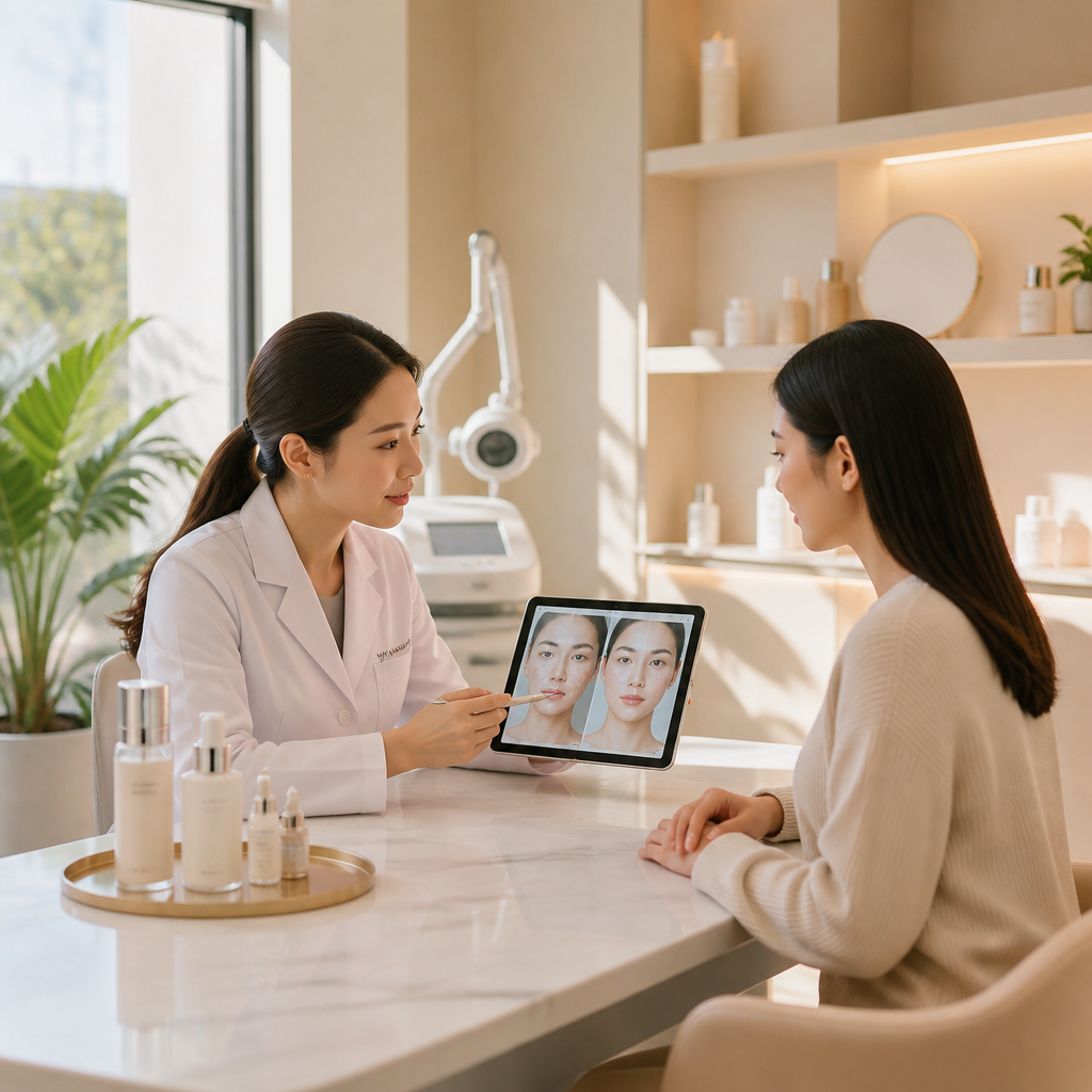 Bác sĩ da liễu tư vấn cho khách hàng về phác đồ điều trị cá nhân hóa dựa trên phân tích da