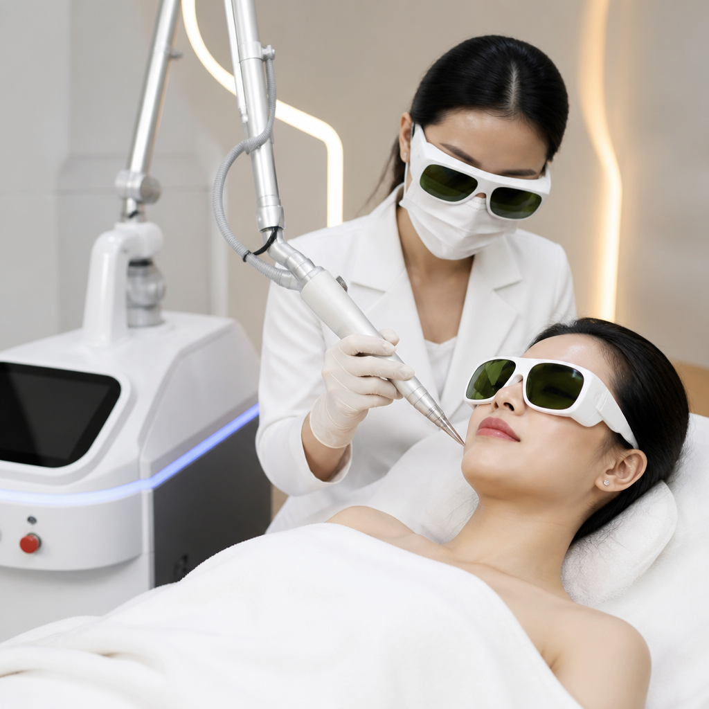 Thiết bị laser picosecond đang tác động nhẹ nhàng lên vùng da cần điều trị nám và trẻ hóa