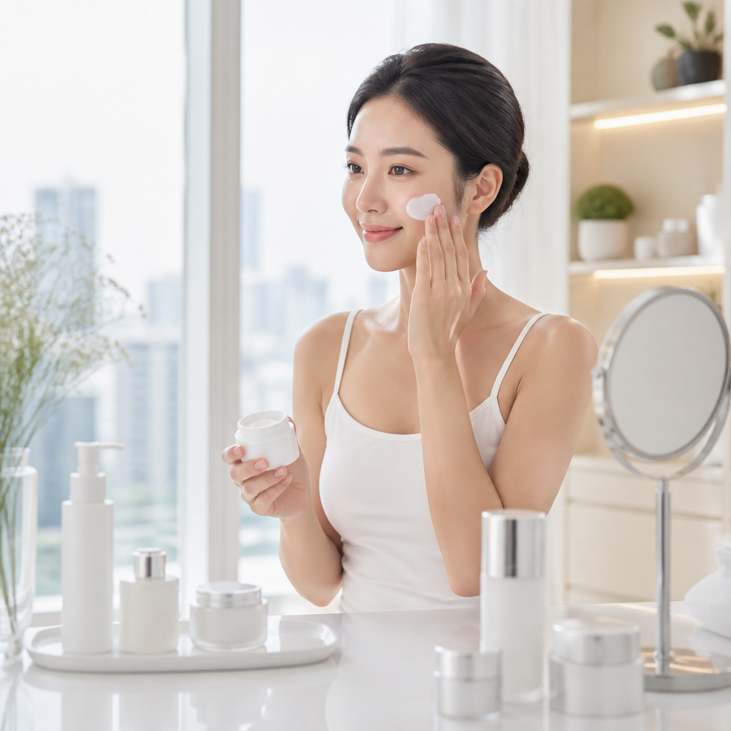 Người phụ nữ nhẹ nhàng thoa kem dưỡng ẩm dịu nhẹ lên da mặt bị khô sau điều trị laser.