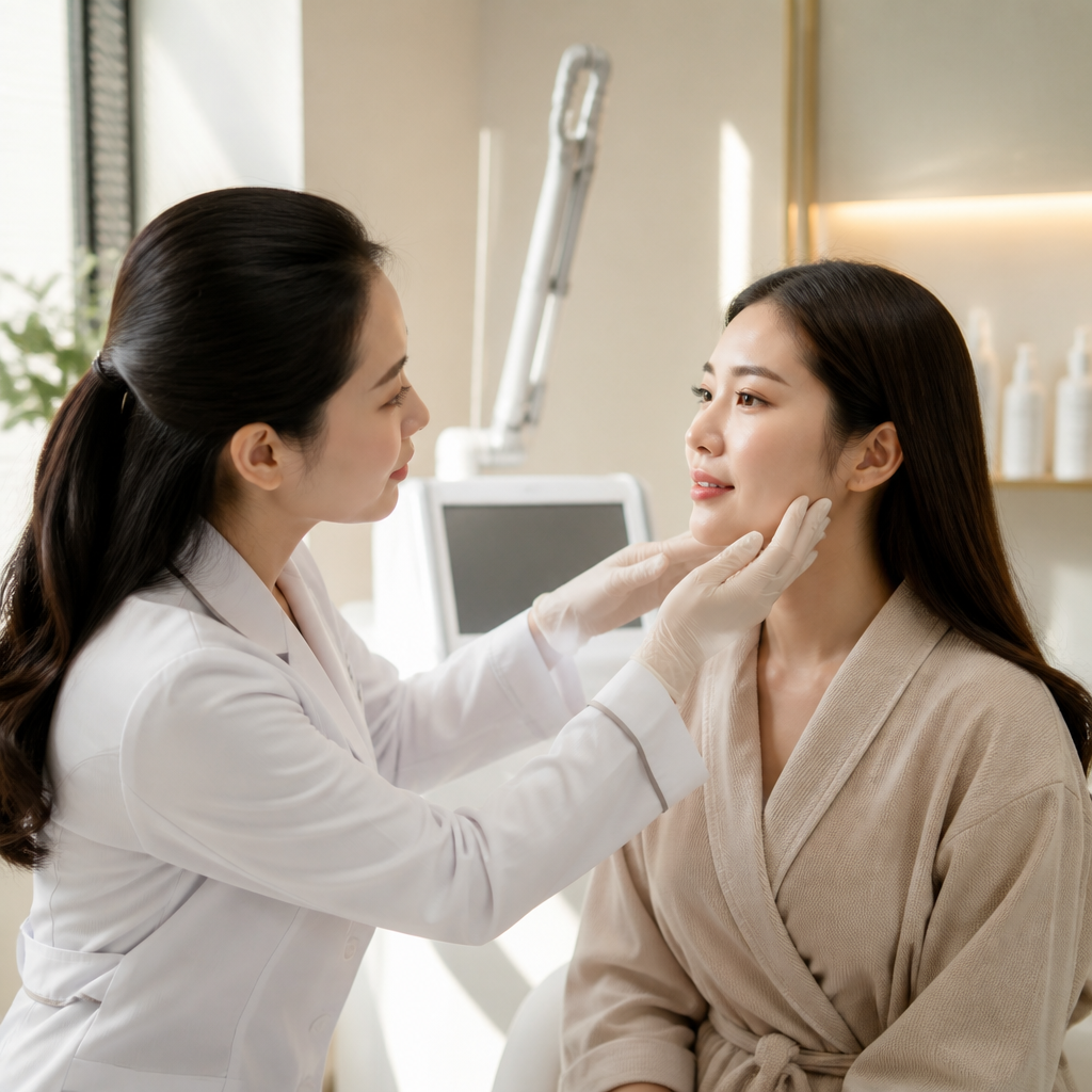 Bác sĩ da liễu đang thăm khám, kiểm tra tình trạng da của bệnh nhân sau điều trị laser trong buổi tái khám.