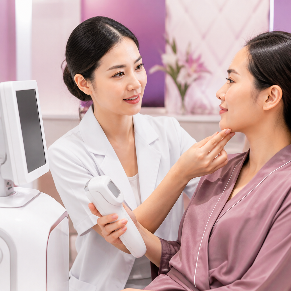 Bác sĩ da liễu tư vấn cho khách hàng về lựa chọn công nghệ nâng cơ
