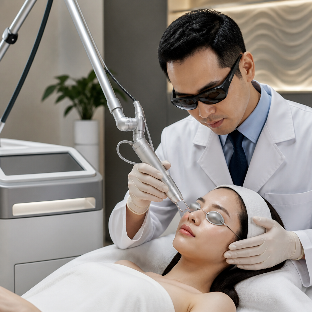 Bác sĩ da liễu đang khám da cho bệnh nhân trước khi so sánh laser fractional co2 và picosecond để chọn liệu trình