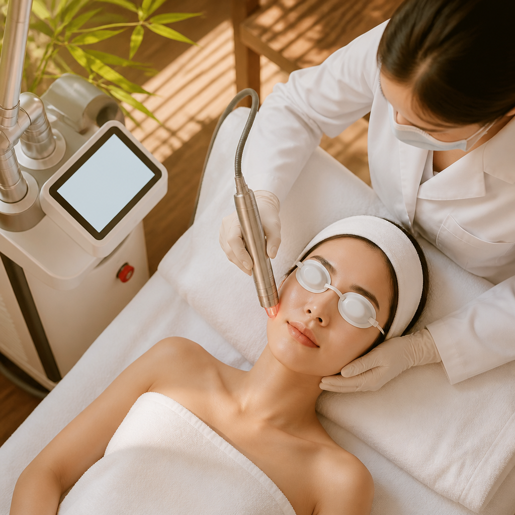 Máy laser đang hoạt động để điều trị da, so sánh laser fractional co2 và picosecond