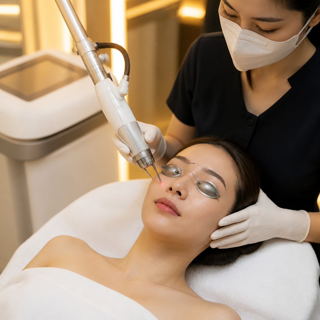 Khách hàng nữ đang được điều trị laser mặt tại phòng khám da liễu