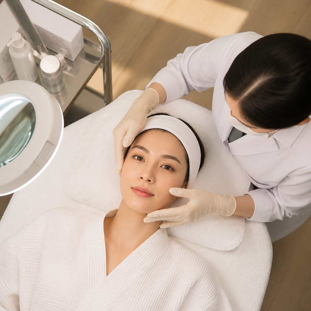 Bác sĩ da liễu đang thăm khám da cho bệnh nhân tại phòng khám laser