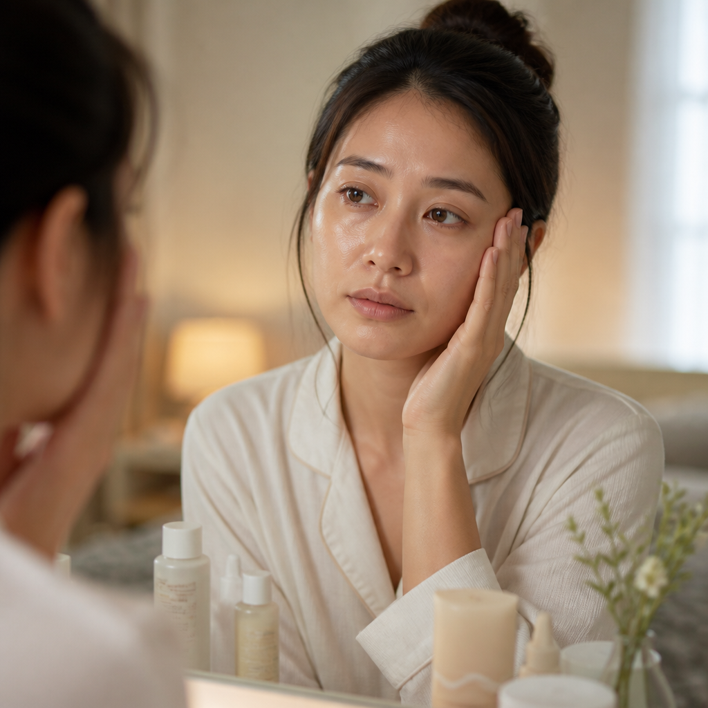 Một người phụ nữ với làn da xỉn màu, quầng thâm mắt, minh họa tác động của thiếu ngủ lên da.