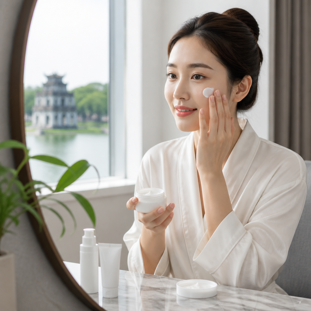 Một người phụ nữ nhẹ nhàng thoa kem dưỡng da ban đêm lên mặt, nhấn mạnh quy trình chăm sóc da trước khi ngủ.