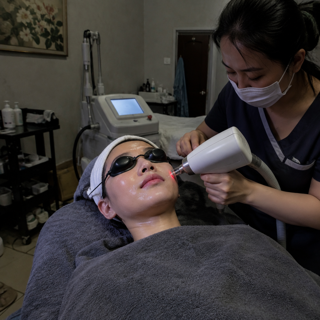 Chuyên gia đang thực hiện liệu trình trẻ hóa da laser cho khách hàng.