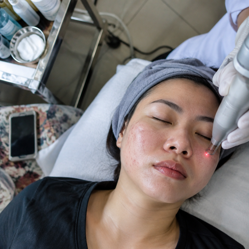 Hình ảnh cận cảnh quy trình trị mụn laser trên da mặt