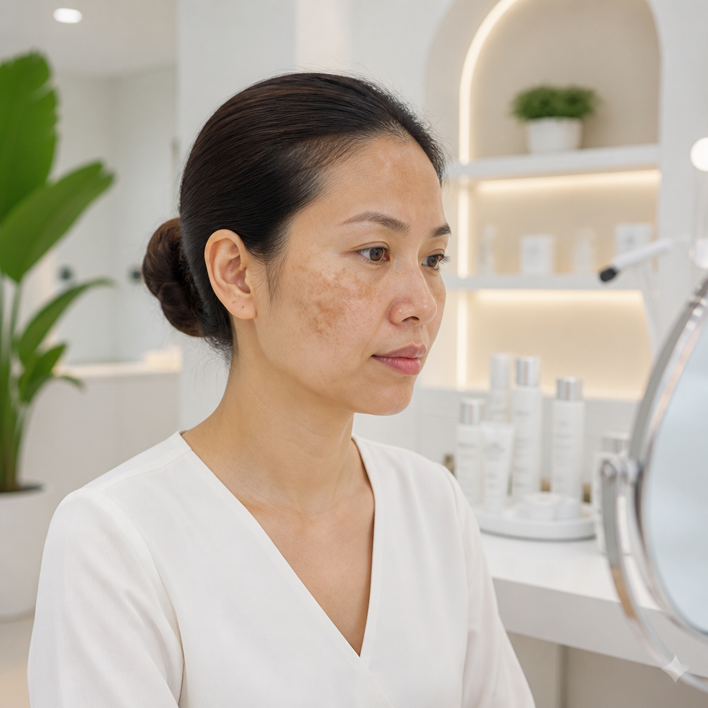 Một người phụ nữ với các đốm nám trên mặt trước khi điều trị laser