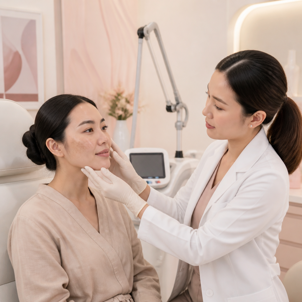 Bác sĩ da liễu đang thăm khám da cho bệnh nhân bằng đèn phóng đại