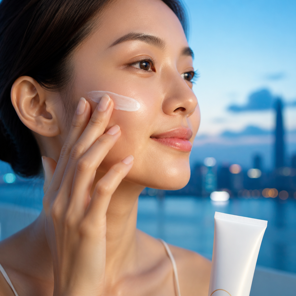 Người phụ nữ đang thoa kem chống nắng bảo vệ da sau điều trị